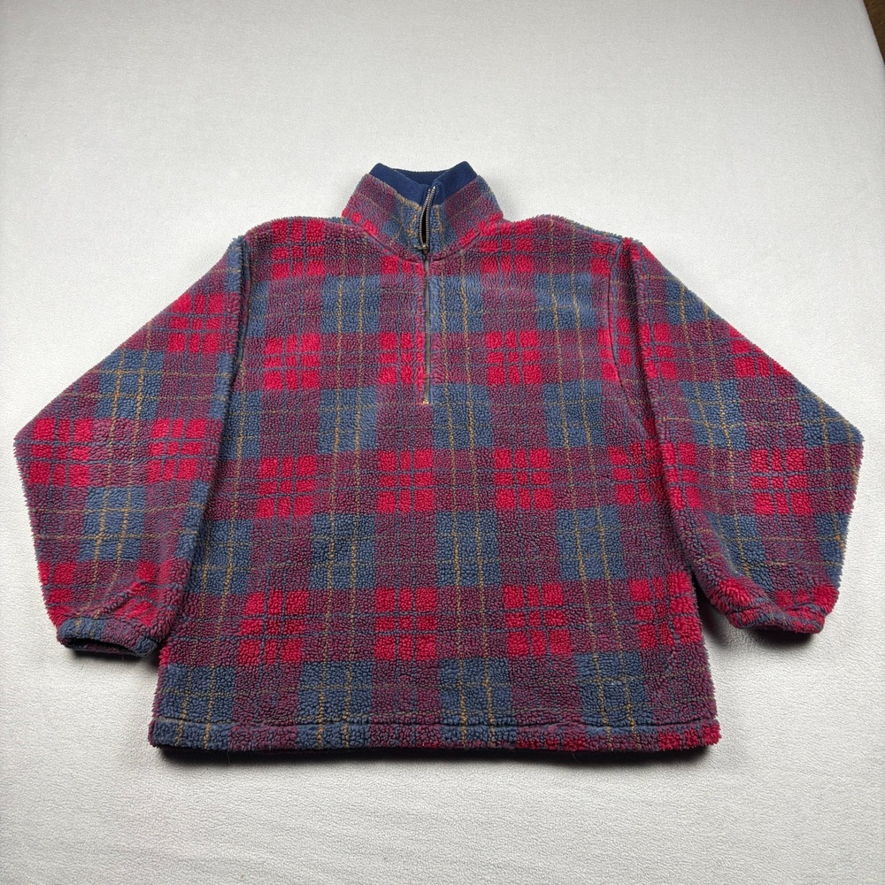 WindRiver Outfitting Co Mens Large Red Blue Plaid Sherpa Fleece Quarter Zip